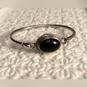 Vintage 925 Silver with Black Oval Onyx Stone Women Bracelet, Size 7.5
